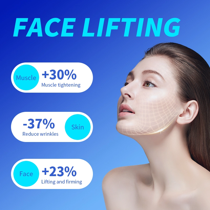 Face lifting advertisement with claims of muscle tightening, wrinkle reduction and face lifting and firming. - HUIMAIN