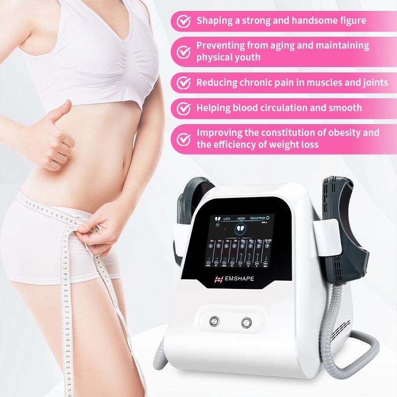 EMSHAPE-body-sculpting-machine-next-to-a-woman-measuring-her-waist. - HUIMAIN EMSHAPE body sculpting machine next to a woman measuring her waist. - HUIMAIN